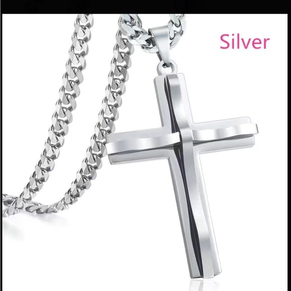 Silver Large Unisex Cross Necklace with Thick Chain - Picture 2 of 4